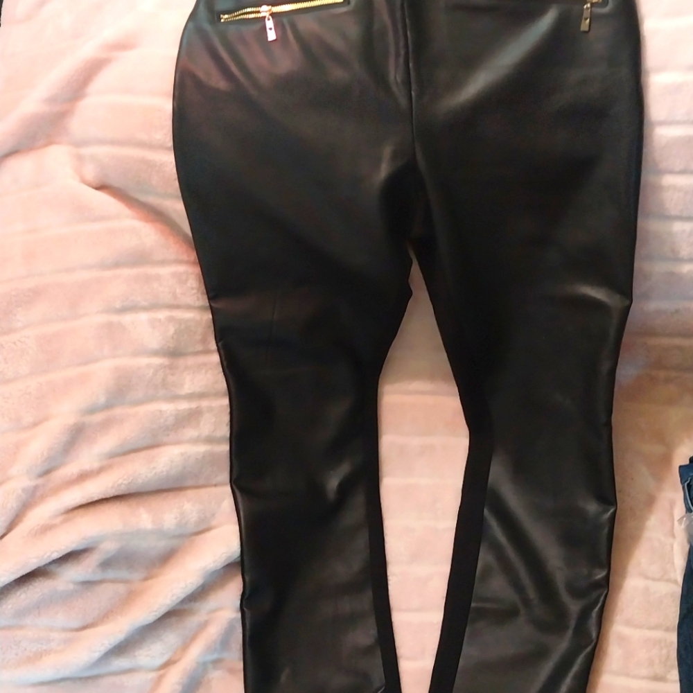 Black Faux Leather Pants with Gold Zippers